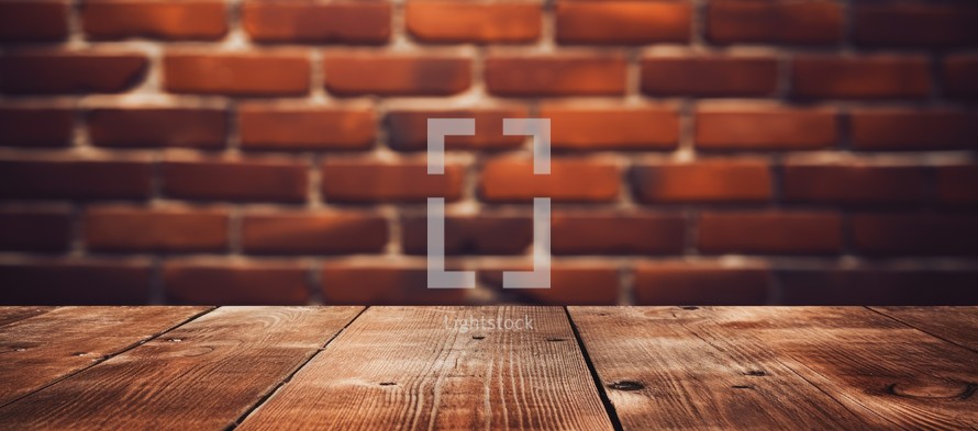 Wooden table against red brick wall with copy space for your text