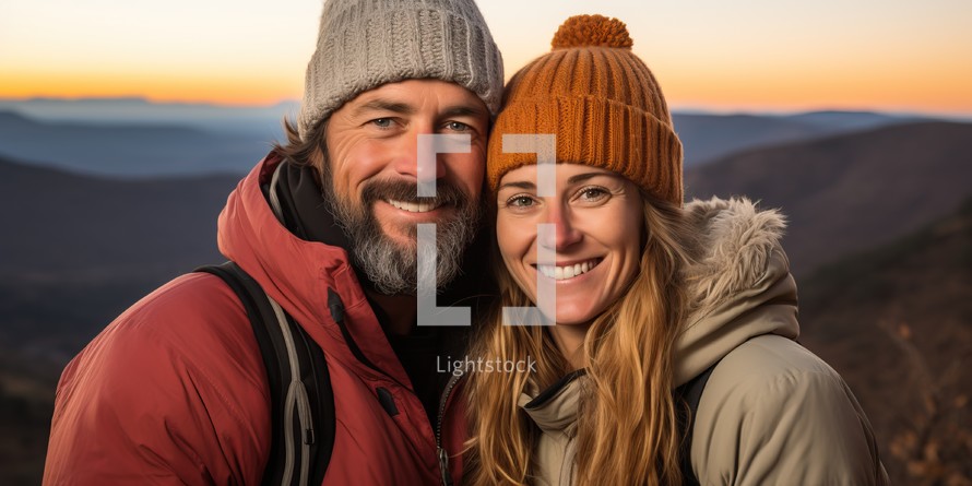 Portrait of smiling couple in winter clothes looking at camera on top of mountain