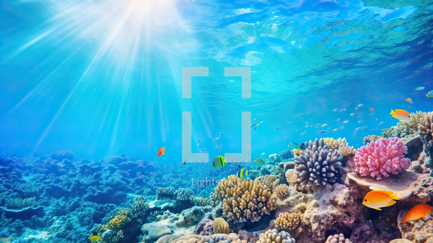 Underwater view of coral reef with fishes and corals, underwater landscape