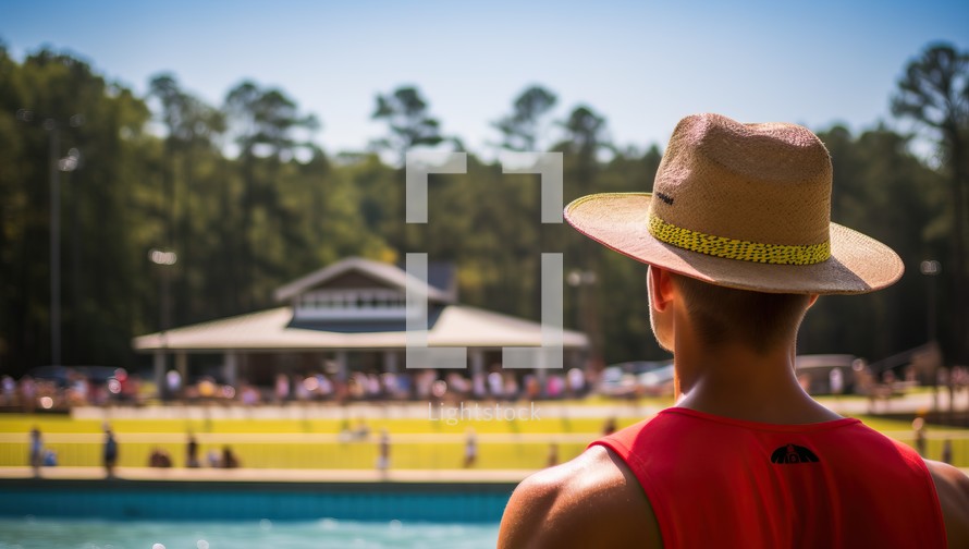 Young man in hat looking at swimming pool. Vacation concept.