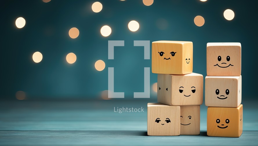 Wooden cubes with smiley faces on wooden background with bokeh effect