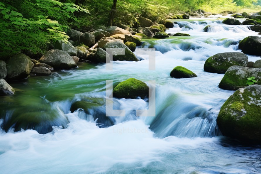 Mountain stream in the forest. Beautiful nature scene with fast flowing water.