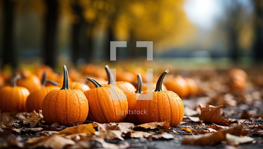 Pumpkins on the ground in the autumn park. Autumn background