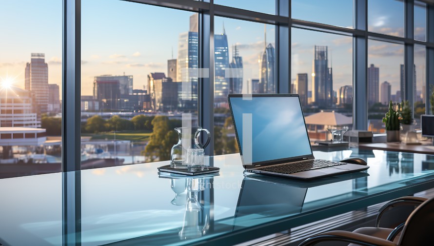 Laptop on table in modern office with city view.