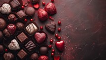 Chocolate candies with red hearts on dark background. Top view with copy space
