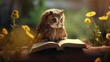 Owl sitting on book with yellow flowers in the background. Education concept.