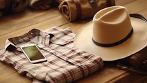 Set of clothes, hat and mobile phone on a wooden background.