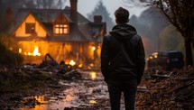 Man standing in front of a burning house in the middle of the forest