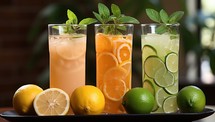 Refreshing summer drinks with lime, orange, lemon and mint