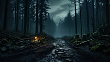 Mystical dark forest with fog and moonlight. Horror Halloween concept