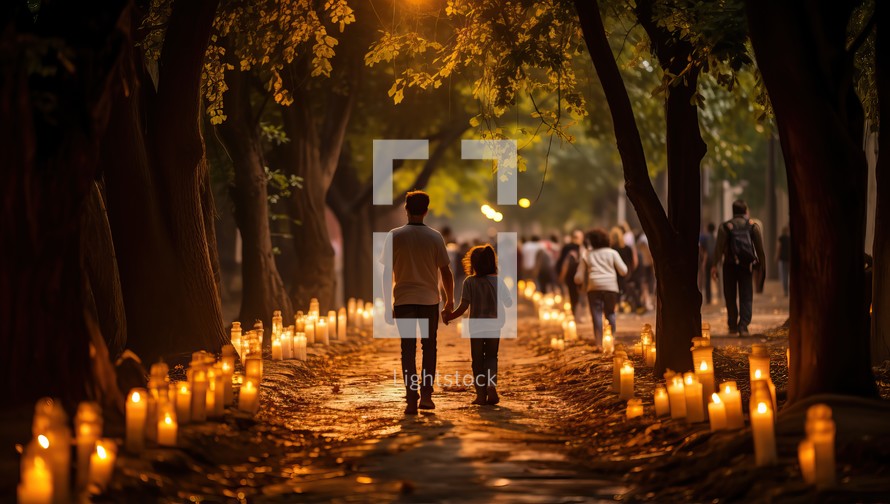 People walking on the path in the park at night with many burning candles