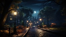 Mysterious Halloween background with cobblestone street and full moon