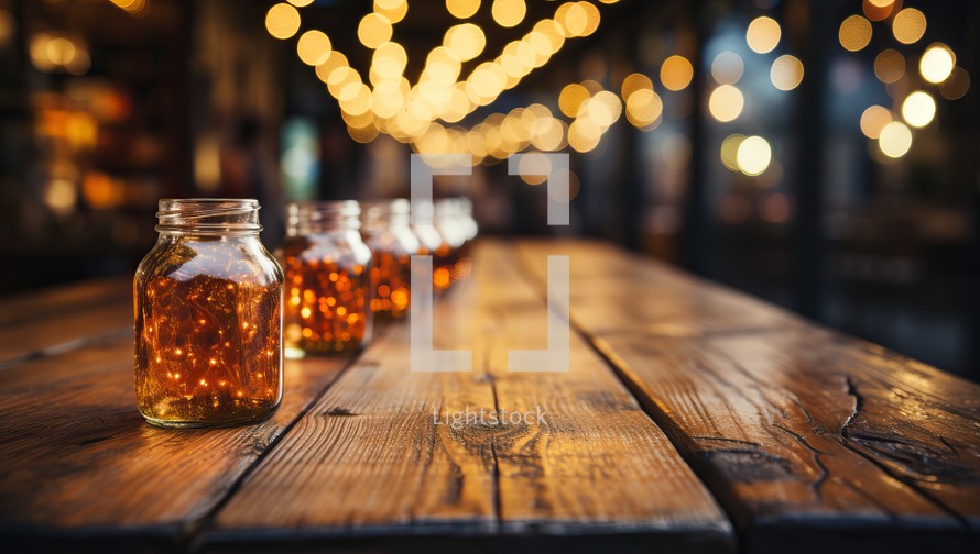 Empty glass bottles on wooden table with bokeh lights background.
