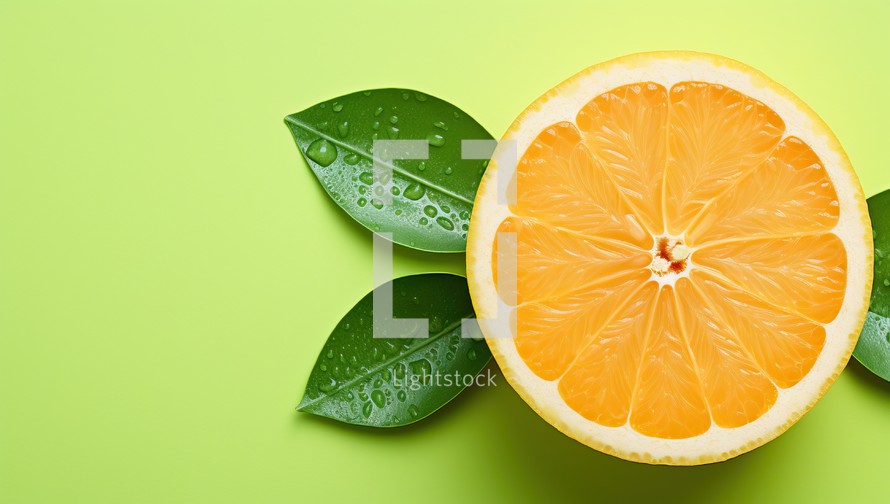 Slice of orange with green leaves on green background, top view
