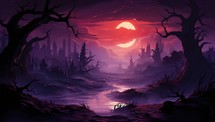 Fantasy landscape with spooky forest and full moon.