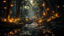 Fantasy forest with fog and lanterns.