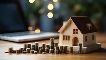 House model and coins on wooden table with blurred bokeh background