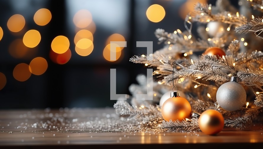 Christmas tree with golden and silver balls on wooden table against blurred lights