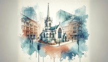 Watercolor painting of a little church in London, cityscape skyline