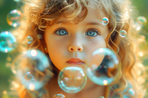 Portrait of a beautiful little girl with blond curly hair with soap bubbles.