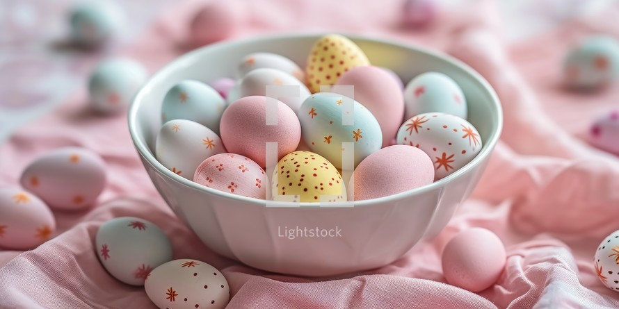 Easter eggs painted in pastel colors in a bowl on a pink background