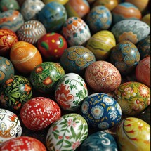 Painted easter eggs on a dark background, close-up