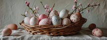 Easter eggs in a basket on a white tablecloth with spring flowers