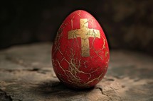 Colorful painted easter egg with golden cross on wooden background