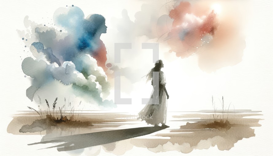 Contemplating heaven. Digital watercolor painting of a woman looking at the sky.	