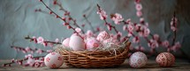 Easter eggs in a basket on a wooden table with a branch of pink flowers