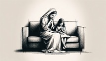 Illustration of mother and daughter praying together sitting on the sofa in the living room
