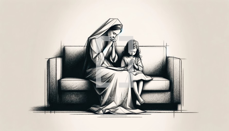 Illustration of mother and daughter praying together sitting on the sofa in the living room