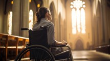 Young woman in a wheelchair in a church, rear view