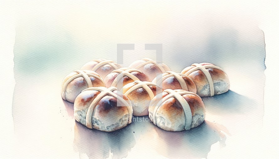 Easter. Good Friday. Hot cross buns on a white background. Digital watercolor painting.