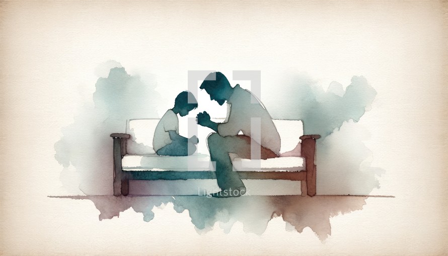 Father and son on a sofa praying together, watercolor