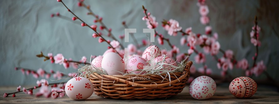 Easter eggs in a basket on a wooden table with a branch of pink flowers