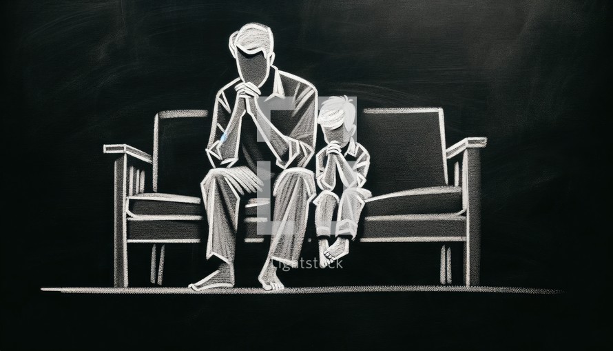 Drawing of a father and son praying together on a blackboard background.