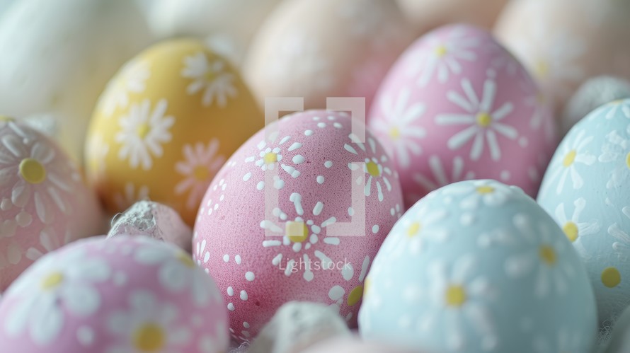 Easter eggs painted in pastel colors. Happy Easter background.