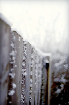 Snow-covered fence in winter