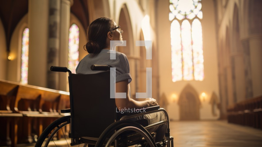 Young woman with glasses in a wheelchair in a church. Selective focus.