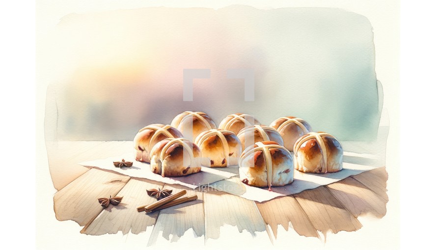 Hot cross buns with cinnamon and star anise on a wooden background. Easter. Good Friday