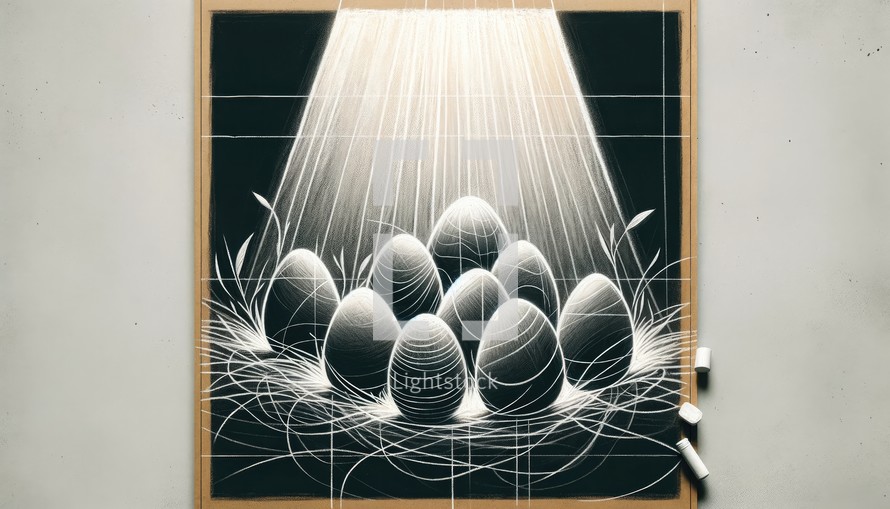 Easter eggs on a chalkboard with a pattern of white lines