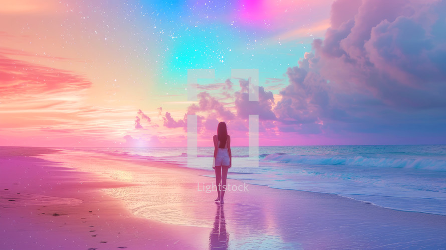  Silhouette of a woman on the beach staring at the dreamy colorful sky.