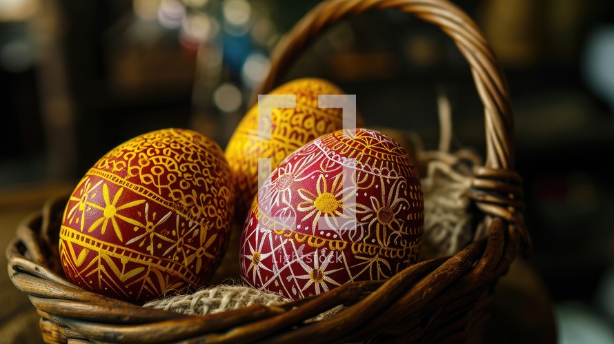 Easter eggs in a wicker basket on a wooden background.