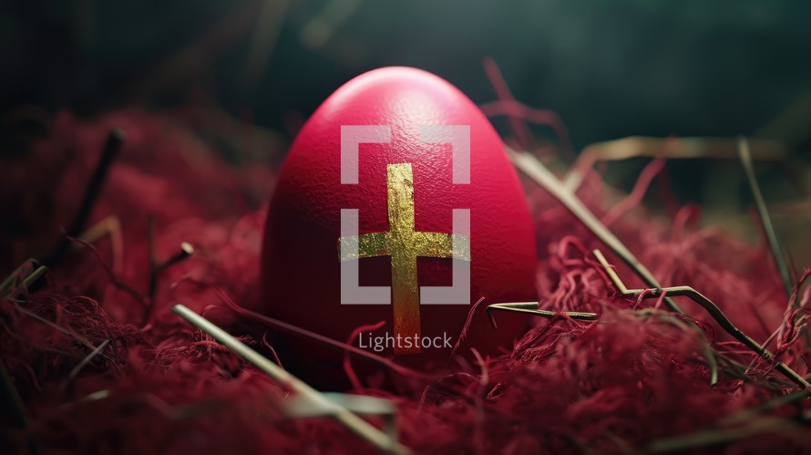 Red easter egg with golden cross on red background