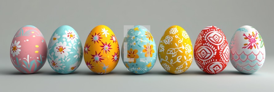 Row of colorful easter eggs on grey background.