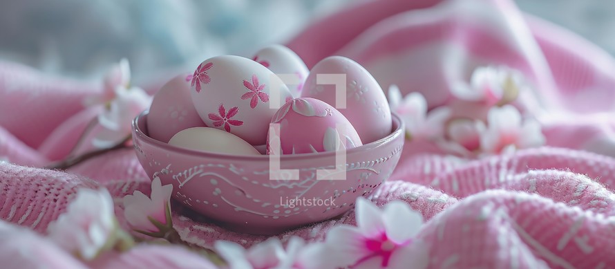 Easter eggs in a bowl with flowers on a pink background.