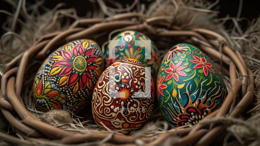 Painted Easter eggs in a wicker nest on a dark background