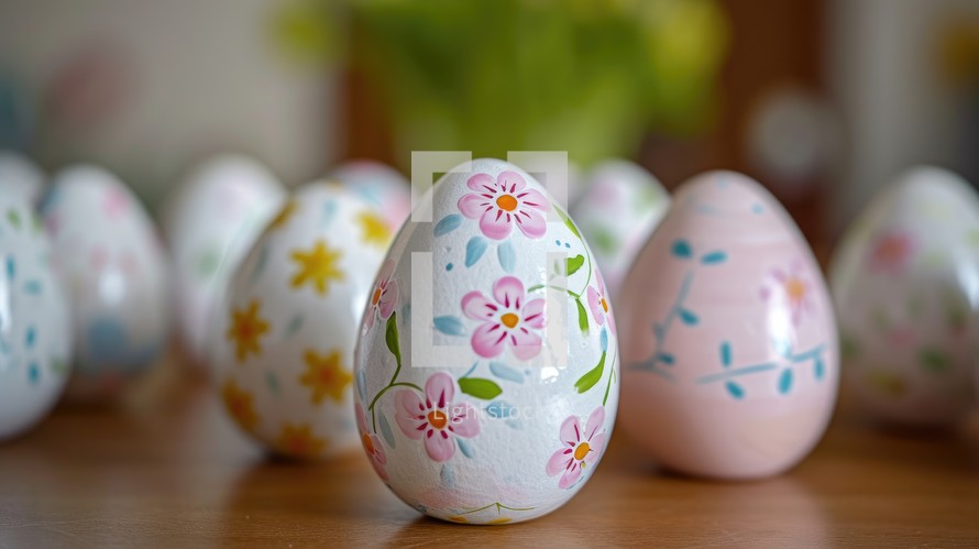 Easter eggs with floral pattern on wooden background. Happy Easter.