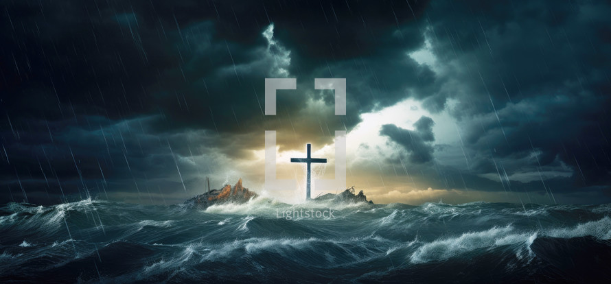 Cross of Jesus Christ in stormy sea